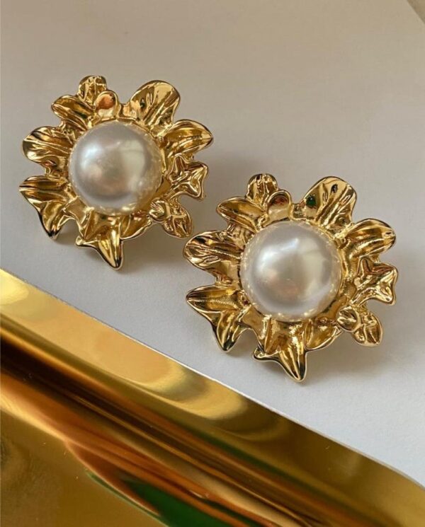 Golden Sunburst Pearl Stud Earrings